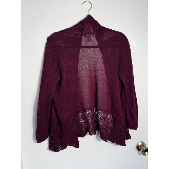 Dressbarn Women's S Burgundy Crochet Knit Open Front Cardigan 100% Cotton Boho - Picture 3 of 7